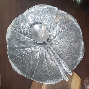 Cabbage Bowl With Rabbit Spoons Pewter Metal Artistic Serving Art 🥬 Vintage